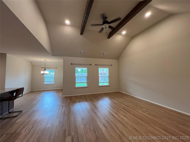 6370 E 124th Ct, Bixby, OK 74008 - unfurnished living room with a chandelier, a ceiling fan, wood finished floors, and recessed lighting