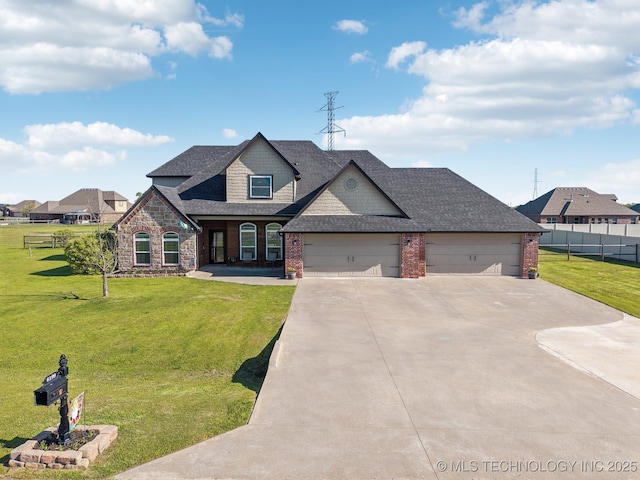 6199 E 144th St N, Collinsville, OK 74021 - french country home with driveway, a garage, roof with shingles, brick siding, and stone siding