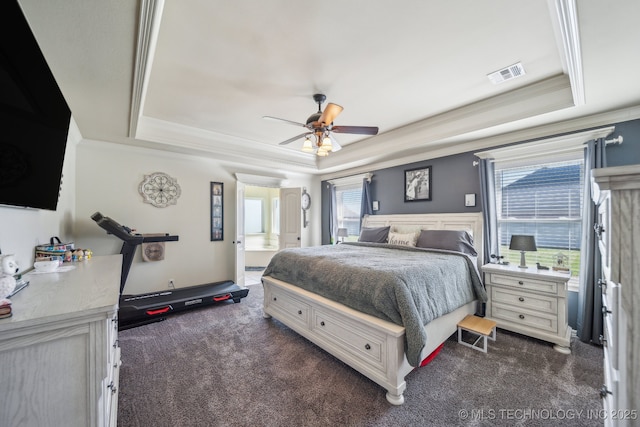 6199 E 144th St N, Collinsville, OK 74021 - bedroom with a raised ceiling, dark carpet, ornamental molding, and multiple windows