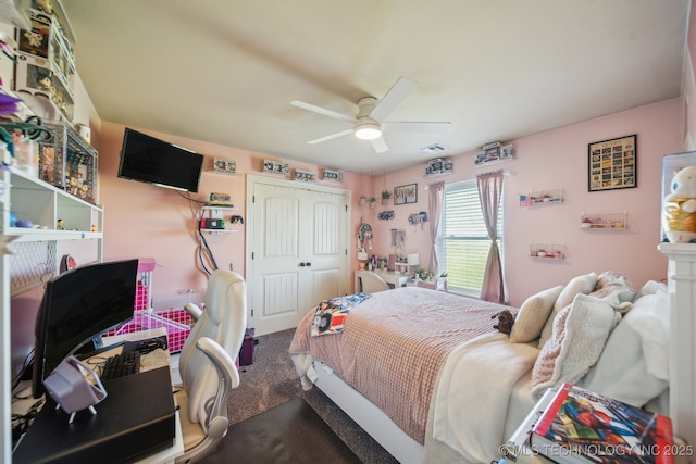 6199 E 144th St N, Collinsville, OK 74021 - carpeted bedroom featuring a closet, a ceiling fan, and an office area