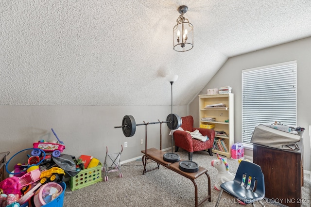 game room featuring baseboards, a textured ceiling, vaulted ceiling, and carpet floors