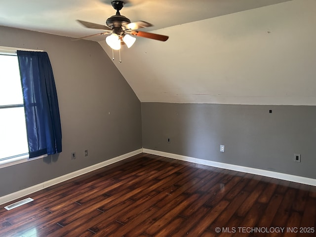 4208 W Urbana St S, Broken Arrow, OK 74012 - additional living space featuring dark wood-style floors, ceiling fan, healthy amount of natural light, and lofted ceiling
