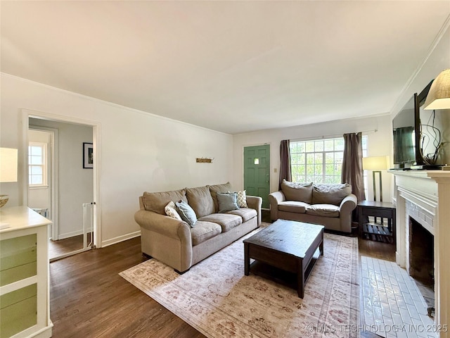 living area featuring dark wood-style flooring, a fireplace, and a wealth of natural light