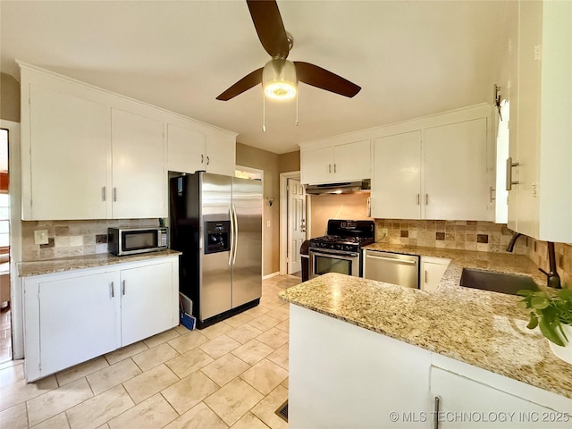 kitchen with tasteful backsplash, appliances with stainless steel finishes, a sink, and under cabinet range hood