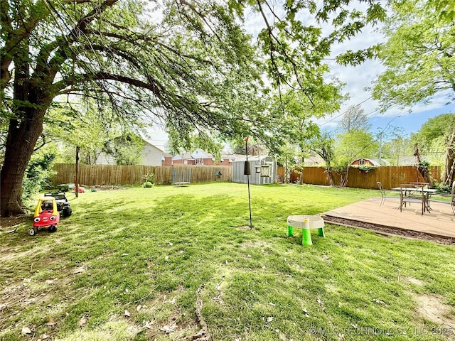 view of yard with an outbuilding, a fenced backyard, a patio, and a storage unit