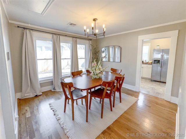 511 N Main St, Sand Springs, OK 74063 - dining area with light wood-style flooring, ornamental molding, a chandelier, baseboards, and attic access