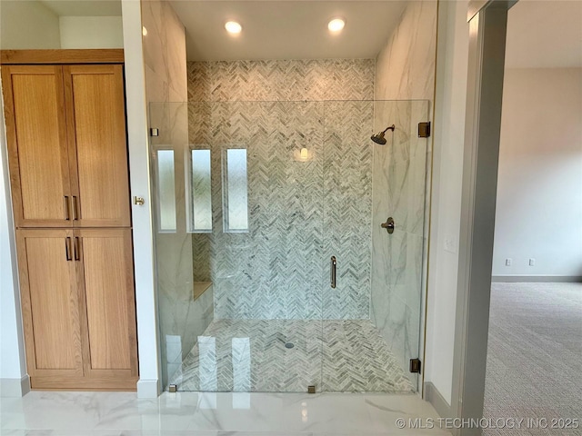 4325 E 179th St S, Bixby, OK 74008 - bathroom with a marble finish shower and recessed lighting