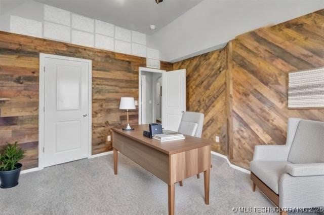 11439 N 162nd E Ave, Owasso, OK 74055 - carpeted home office featuring wood walls and baseboards