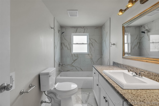 full bath with visible vents, toilet, shower / bath combination, vanity, and marble finish floor