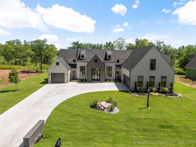 17822 E Patriot Dr, Owasso, OK 74055 - modern inspired farmhouse featuring concrete driveway, roof with shingles, a front lawn, and stucco siding