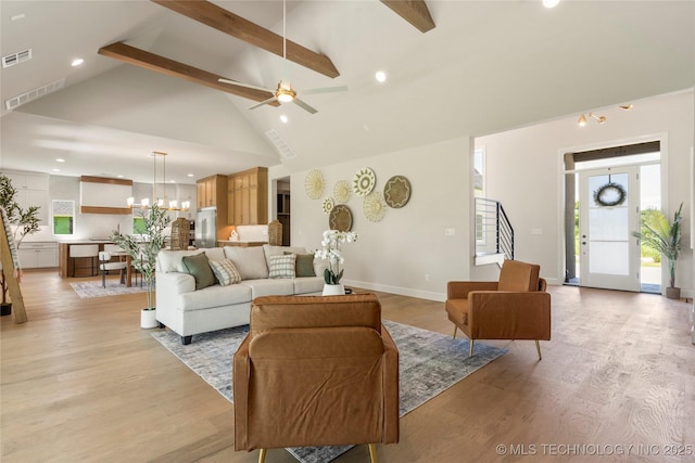 17822 E Patriot Dr, Owasso, OK 74055 - living room featuring beamed ceiling, a chandelier, light wood-type flooring, recessed lighting, and a ceiling fan