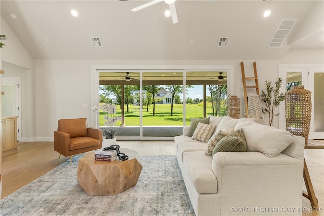 17822 E Patriot Dr, Owasso, OK 74055 - living room featuring a ceiling fan, wood finished floors, plenty of natural light, recessed lighting, and high vaulted ceiling