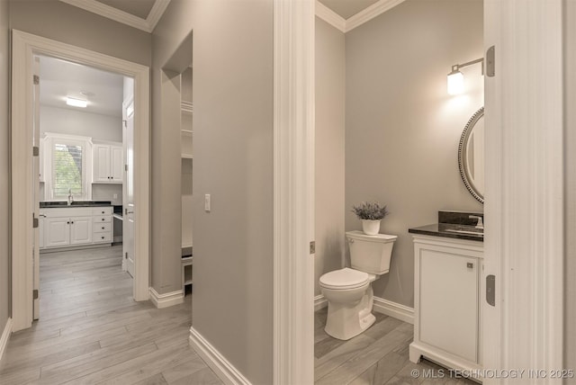 bathroom with wood finished floors, vanity, and toilet