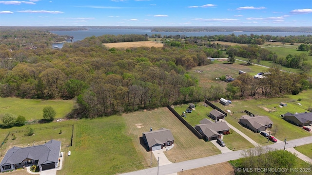 bird's eye view with a water view and a view of trees