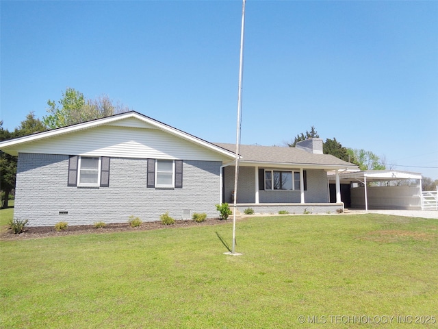16893 E 116th St N, Owasso, OK 74055 - ranch-style house with a carport, a front lawn, brick siding, and a chimney