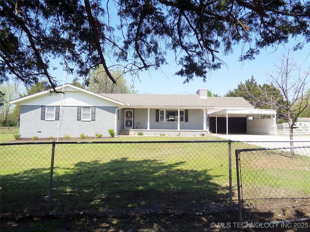 16893 E 116th St N, Owasso, OK 74055 - view of front of property with an attached carport, a front yard, a chimney, and a fenced front yard