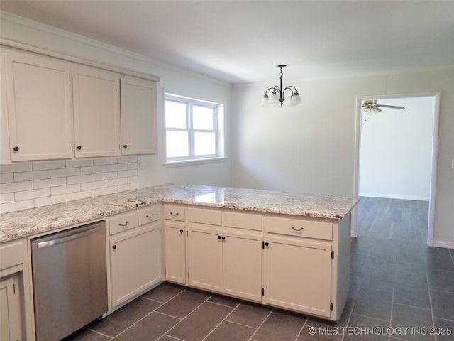 16893 E 116th St N, Owasso, OK 74055 - kitchen with dark tile patterned flooring, a peninsula, ornamental molding, light stone counters, and dishwasher