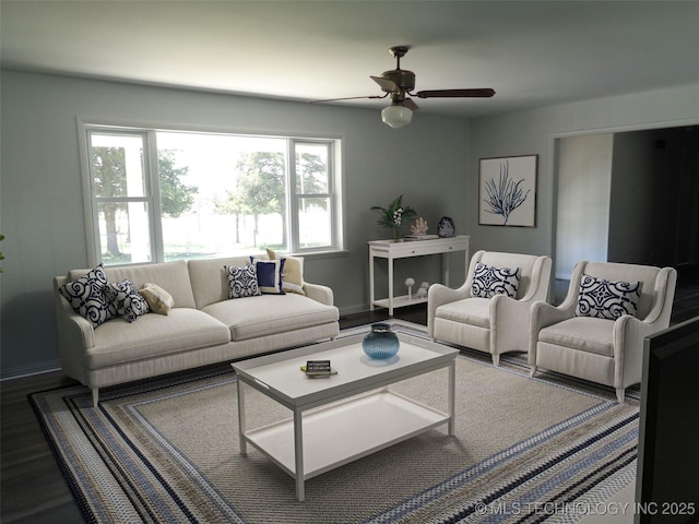 16893 E 116th St N, Owasso, OK 74055 - living area featuring a ceiling fan and dark wood-style floors
