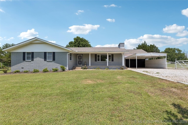 16893 E 116th St N, Owasso, OK 74055 - single story home with brick siding, a carport, a chimney, and gravel driveway