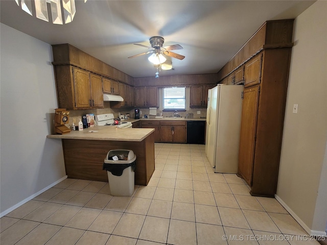 351 Hamilton Rd, Eufaula, OK 74432 - kitchen featuring a peninsula, white appliances, ceiling fan, light countertops, and under cabinet range hood