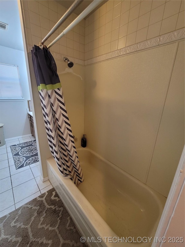 351 Hamilton Rd, Eufaula, OK 74432 - bathroom featuring shower / bath combination with curtain, visible vents, tile patterned flooring, and vanity