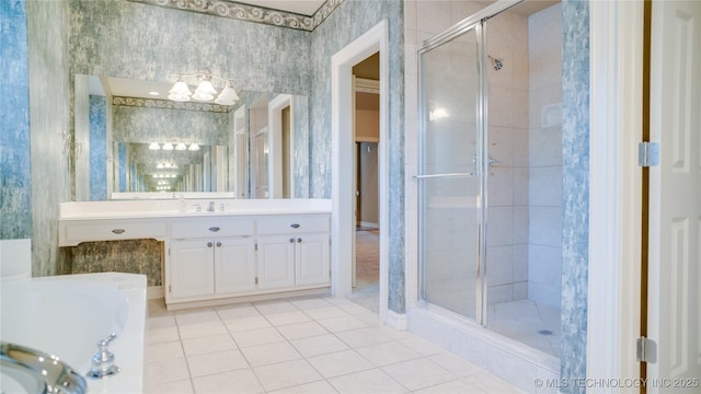 5132 E 85th St, Tulsa, OK 74137 - bathroom with vanity, a stall shower, a chandelier, tile patterned floors, and a bath