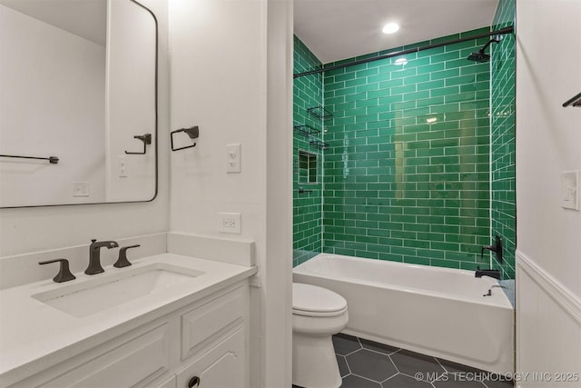 full bathroom with recessed lighting, toilet, tile patterned floors, vanity, and bathtub / shower combination