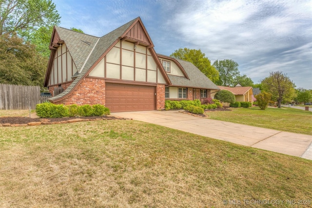 english style home featuring brick siding, stucco siding, fence, and a garage