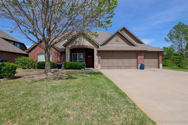 view of front of home with brick siding, an attached garage, a shingled roof, and driveway