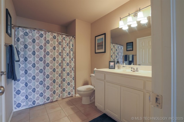 full bathroom featuring a shower with curtain, vanity, tile patterned flooring, and toilet