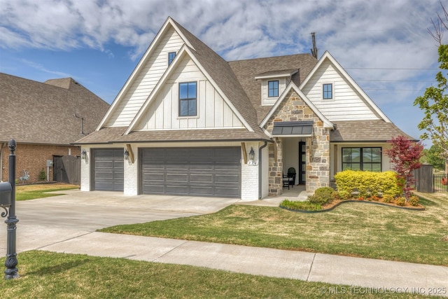 view of front of house featuring fence, a shingled roof, driveway, stone siding, and a front yard