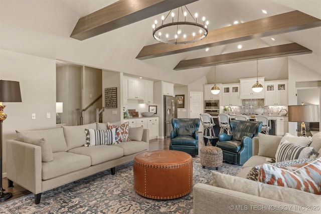 living room featuring beamed ceiling, a chandelier, recessed lighting, and high vaulted ceiling