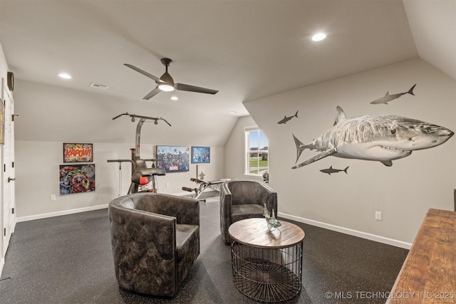 living area featuring lofted ceiling, a ceiling fan, baseboards, and recessed lighting