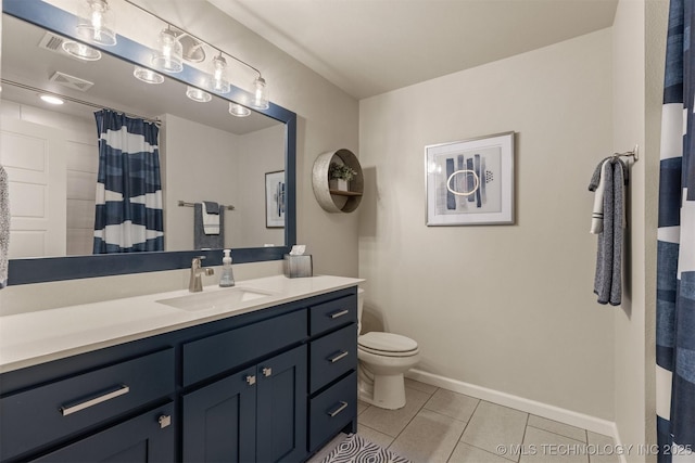 full bath with tile patterned floors, toilet, vanity, baseboards, and curtained shower