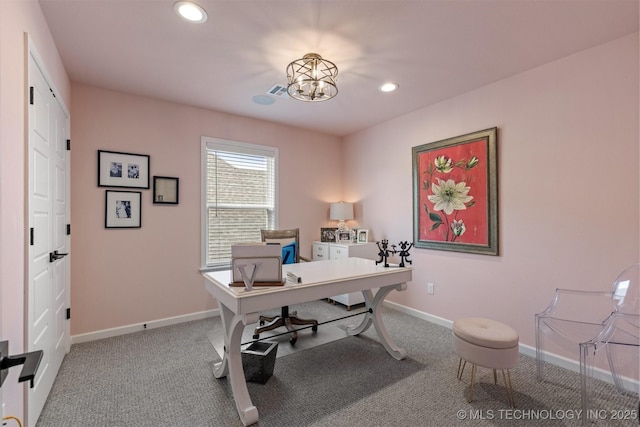carpeted home office featuring recessed lighting, a chandelier, and baseboards