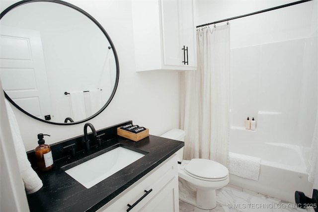9520 N 144th Ave E, Owasso, OK 74055 - bathroom with marble look tiles, vanity, toilet, and shower / tub combo with curtain