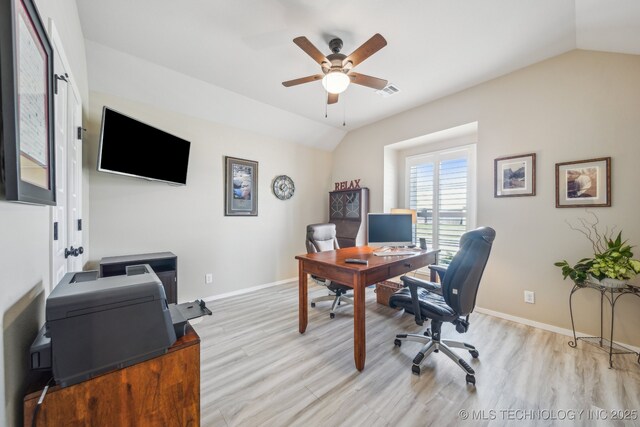 13010 E 125th Pl N, Collinsville, OK 74021 - home office featuring a ceiling fan, lofted ceiling, and light wood-style floors