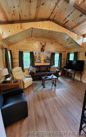 living room featuring wooden ceiling, vaulted ceiling with beams, a wealth of natural light, and wooden walls