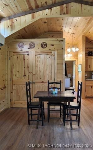 dining space with wood ceiling, wooden walls, and wood finished floors