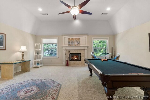 game room featuring visible vents, a healthy amount of sunlight, and ceiling fan