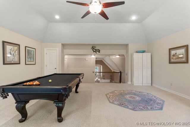 game room featuring baseboards, ceiling fan, carpet floors, and lofted ceiling