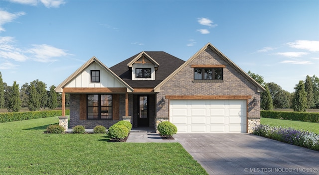 view of front of property with a front lawn, driveway, board and batten siding, and an attached garage