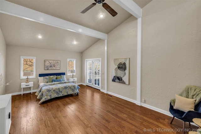 bedroom featuring vaulted ceiling with beams, wood finished floors, a ceiling fan, and multiple windows