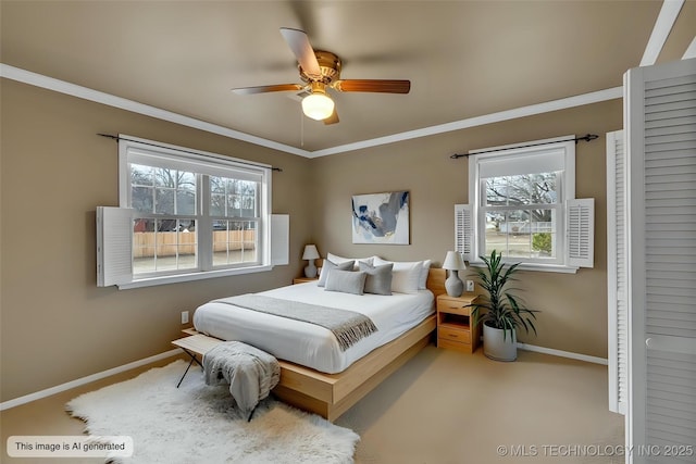 carpeted bedroom with ornamental molding, baseboards, and multiple windows