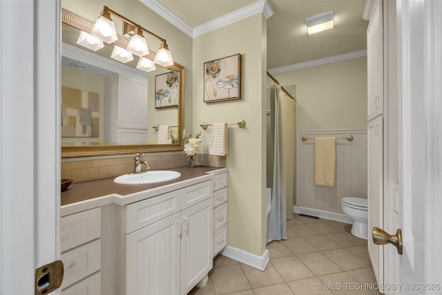 full bath featuring toilet, backsplash, tile patterned flooring, vanity, and ornamental molding