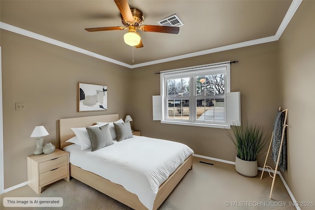 carpeted bedroom with ceiling fan, baseboards, ornamental molding, and visible vents