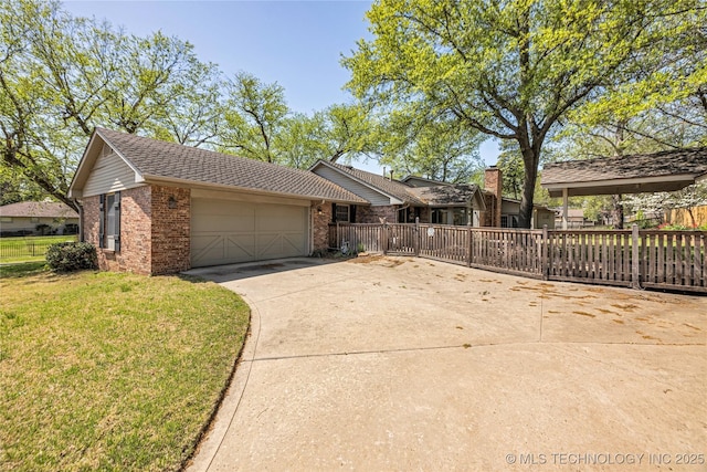 single story home featuring an attached garage, driveway, fence, and brick siding