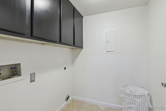washroom featuring electric dryer hookup, electric panel, cabinet space, baseboards, and washer hookup