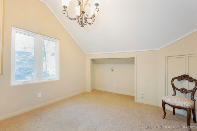 unfurnished room featuring vaulted ceiling, baseboards, carpet, an inviting chandelier, and ornamental molding