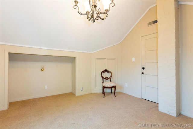 foyer with vaulted ceiling, visible vents, carpet floors, baseboards, and a chandelier